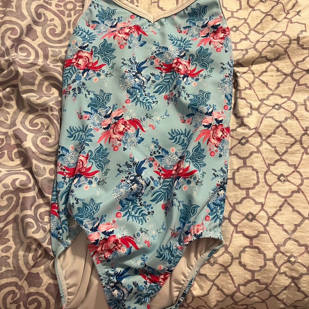 Sylvia P Floral Kids Gymnastics Leotard- Blue and Pink